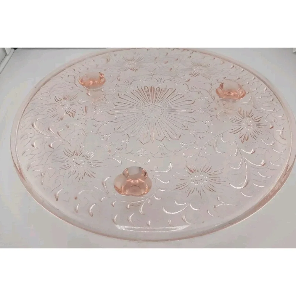 DEPRESSION‎ GLASS PINK FOOTED FLOWER DAISY CAKE PLATE SANDWICH TRAY EUC Rare